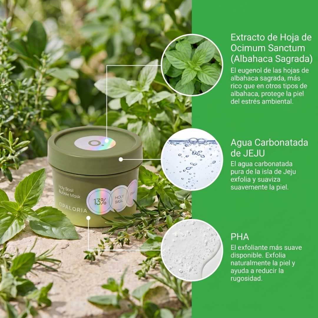 Mascarilla facial de burbujas de albahaca sagrada de Opaloria